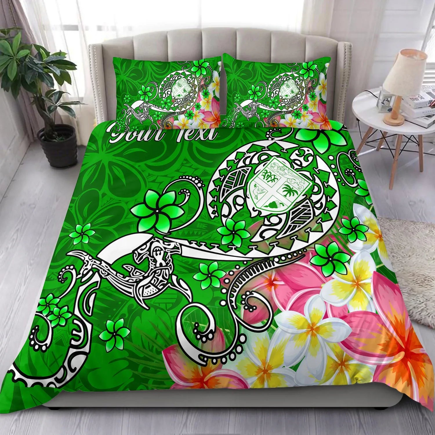 Fiji Custom Personalised Bedding Set - Turtle Plumeria (Green)