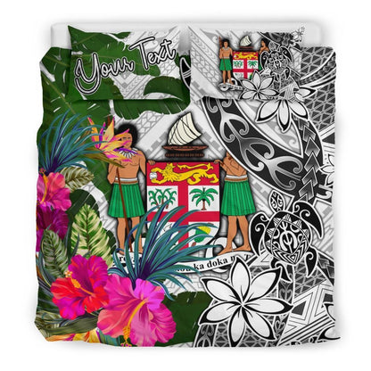 Fiji Custom Personalised Bedding Set White - Turtle Plumeria Banana Leaf Crest