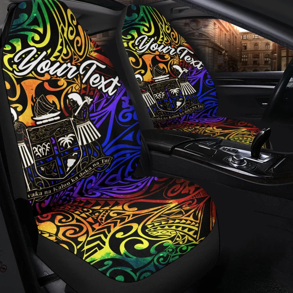 Fiji Custom Personalised Car Seat Covers - Rainbow Polynesian Pattern Crest