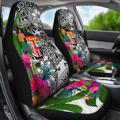Fiji Custom Personalised Car Seat Covers White - Turtle Plumeria Banana Leaf Crest