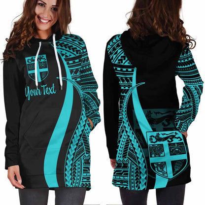 Fiji Custom Personalised Hoodie Dress - Turquoise Polynesian Tentacle Pattern