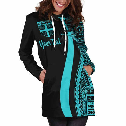 Fiji Custom Personalised Hoodie Dress - Turquoise Polynesian Tentacle Pattern