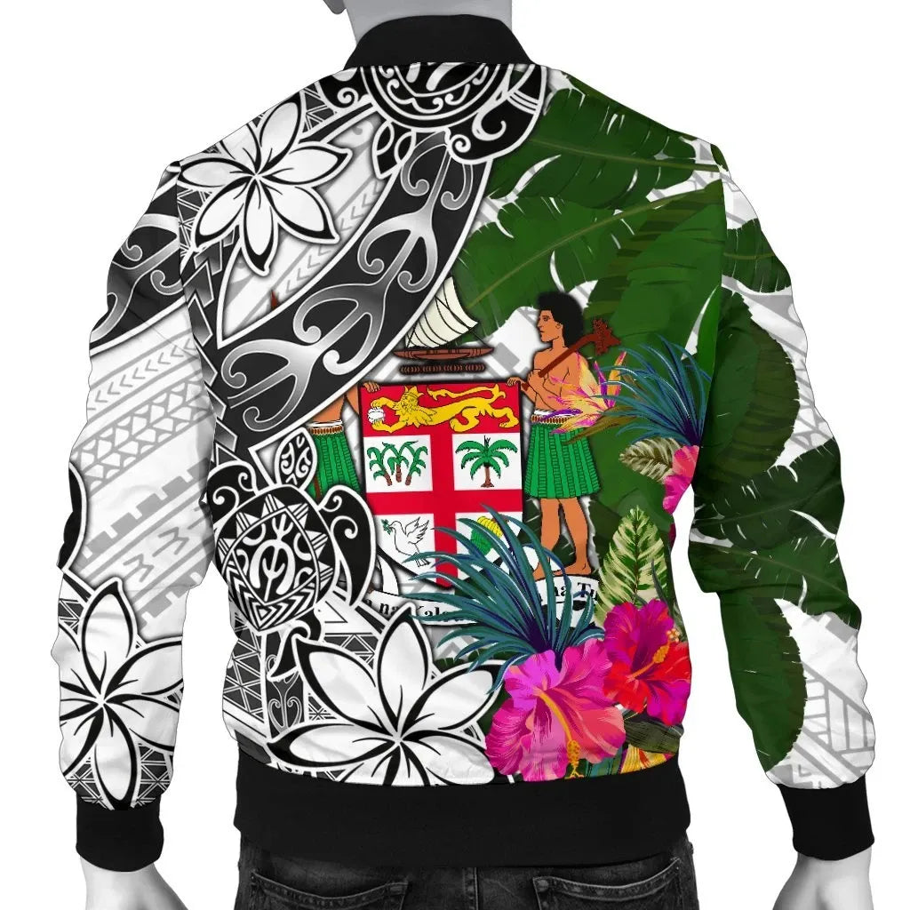 Fiji Custom Personalised Bomber Jacket White - Turtle Plumeria Banana Leaf Crest