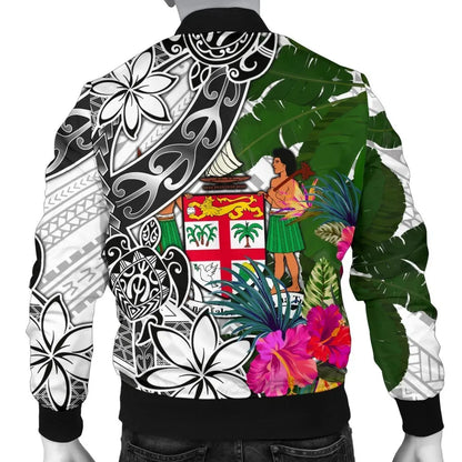 Fiji Custom Personalised Bomber Jacket White - Turtle Plumeria Banana Leaf Crest