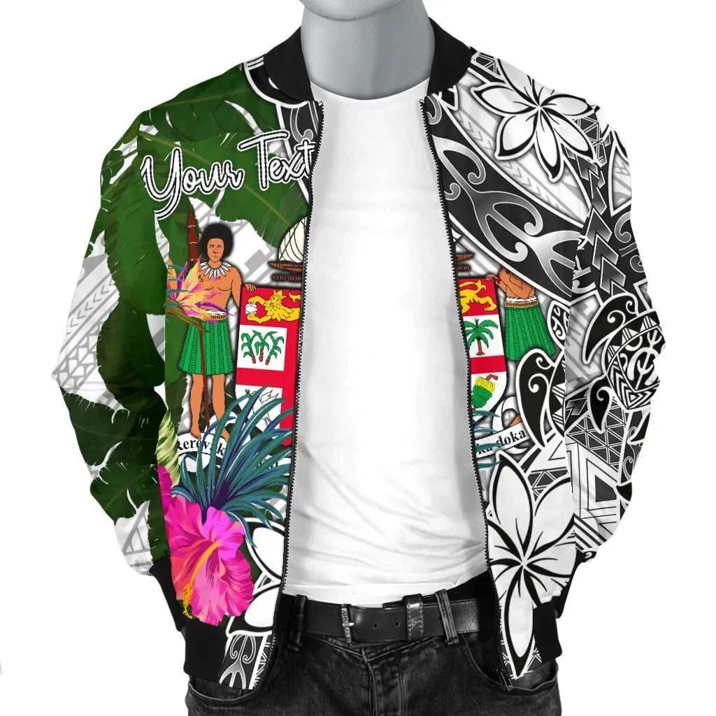 Fiji Custom Personalised Bomber Jacket White - Turtle Plumeria Banana Leaf Crest