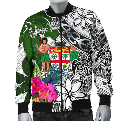 Fiji Custom Personalised Bomber Jacket White - Turtle Plumeria Banana Leaf Crest