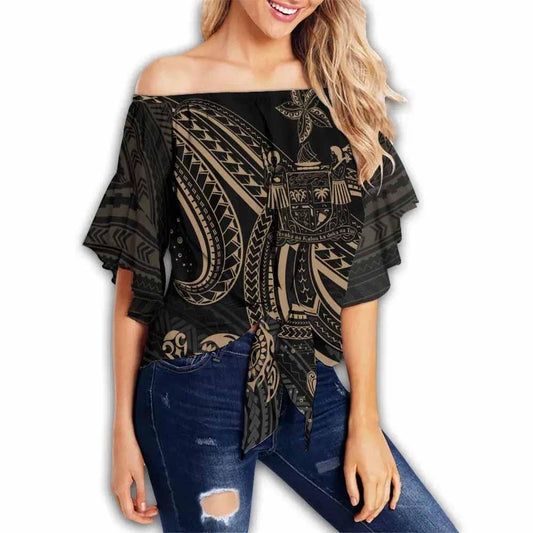 Fiji Custom Personalised Off Shoulder Wrap Waist Top - Gold Turtle Crest