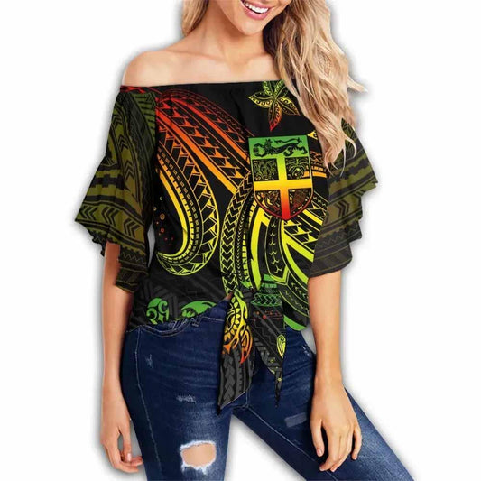 Fiji Custom Personalised Off Shoulder Wrap Waist Top - Reggae Turtle Pattern