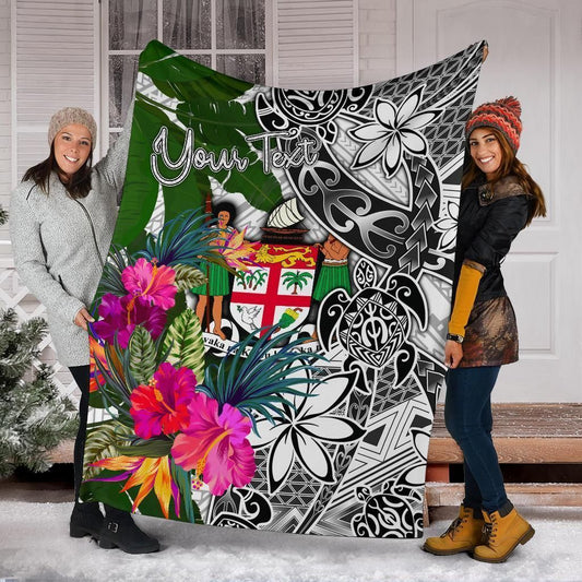 Fiji Custom Personalised Premium Blanket White - Turtle Plumeria Banana Leaf Crest