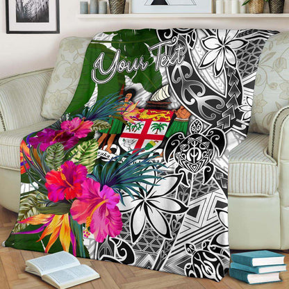 Fiji Custom Personalised Premium Blanket White - Turtle Plumeria Banana Leaf Crest