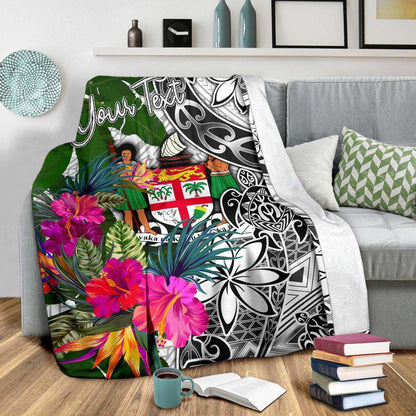 Fiji Custom Personalised Premium Blanket White - Turtle Plumeria Banana Leaf Crest