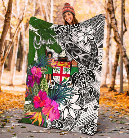 Fiji Custom Personalised Premium Blanket White - Turtle Plumeria Banana Leaf Crest