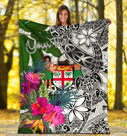 Fiji Custom Personalised Premium Blanket White - Turtle Plumeria Banana Leaf Crest
