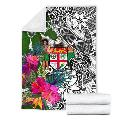 Fiji Custom Personalised Premium Blanket White - Turtle Plumeria Banana Leaf Crest