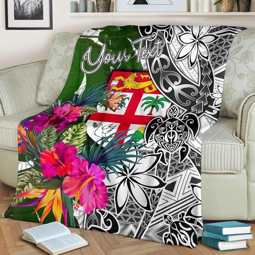 Fiji Custom Personalised Premium Blanket White - Turtle Plumeria Banana Leaf