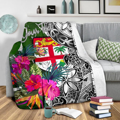 Fiji Custom Personalised Premium Blanket White - Turtle Plumeria Banana Leaf
