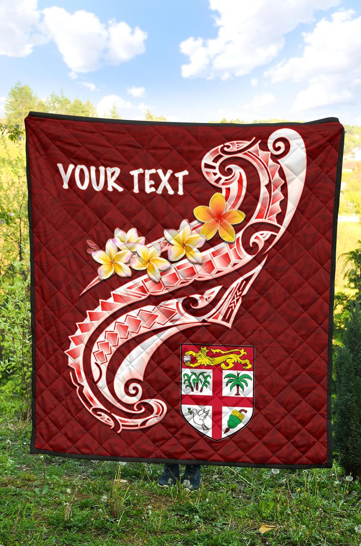 Fiji Custom Personalised Premium Quilt- Fiji Seal  Polynesian Patterns Plumeria (Red)