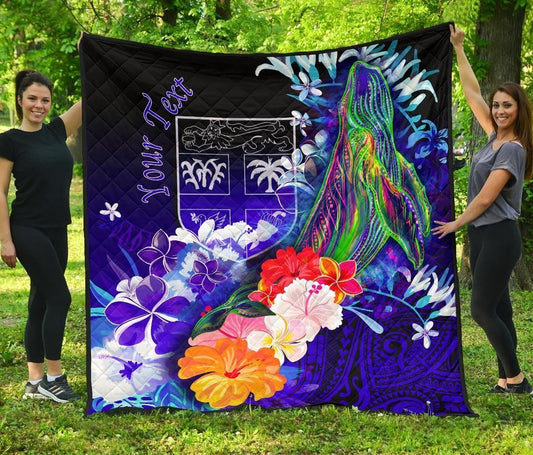 Fiji Custom Personalised Premium Quilt - Humpback Whale with Tropical Flowers (Blue)
