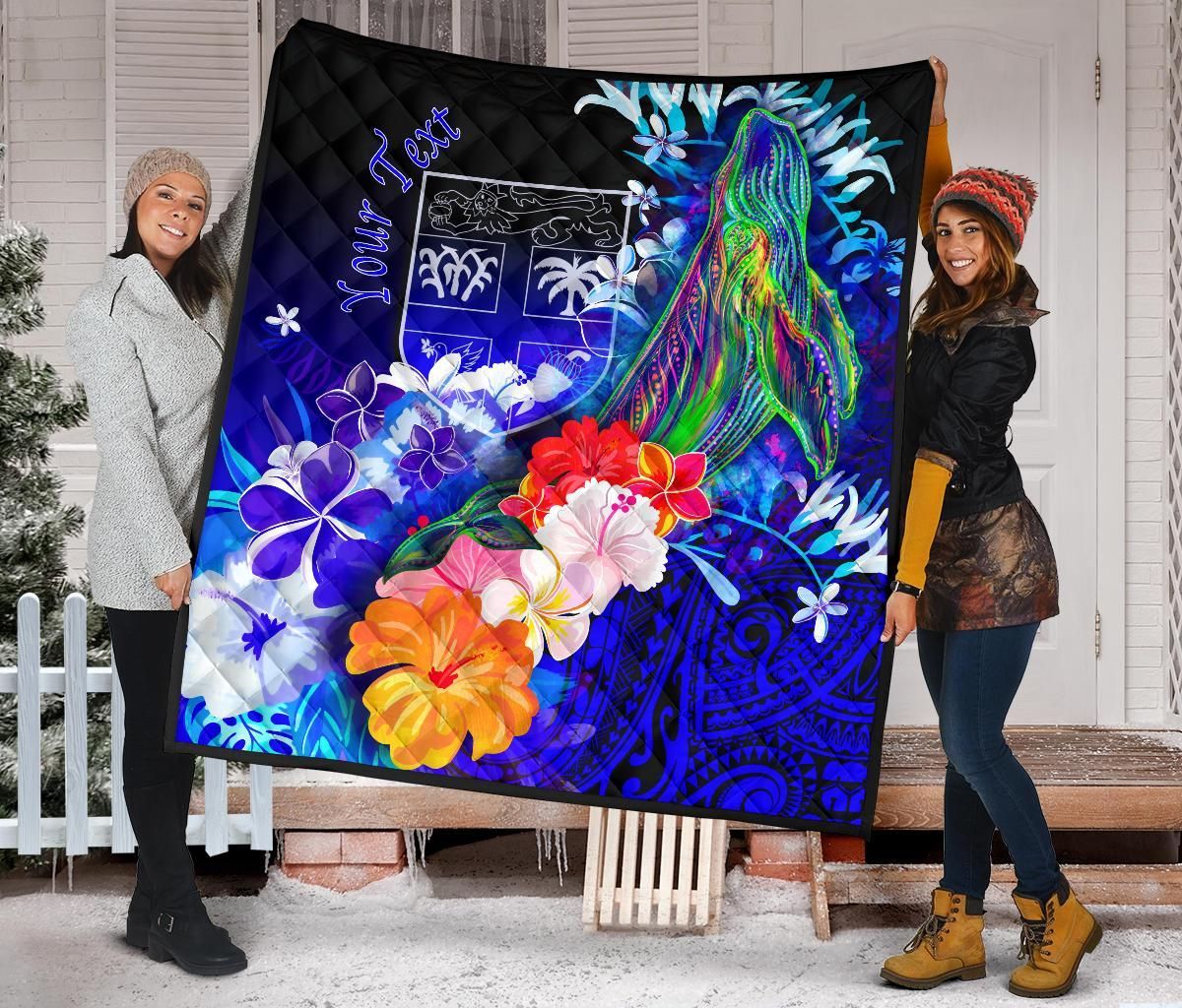 Fiji Custom Personalised Premium Quilt - Humpback Whale with Tropical Flowers (Blue)