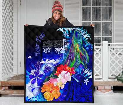 Fiji Custom Personalised Premium Quilt - Humpback Whale with Tropical Flowers (Blue)
