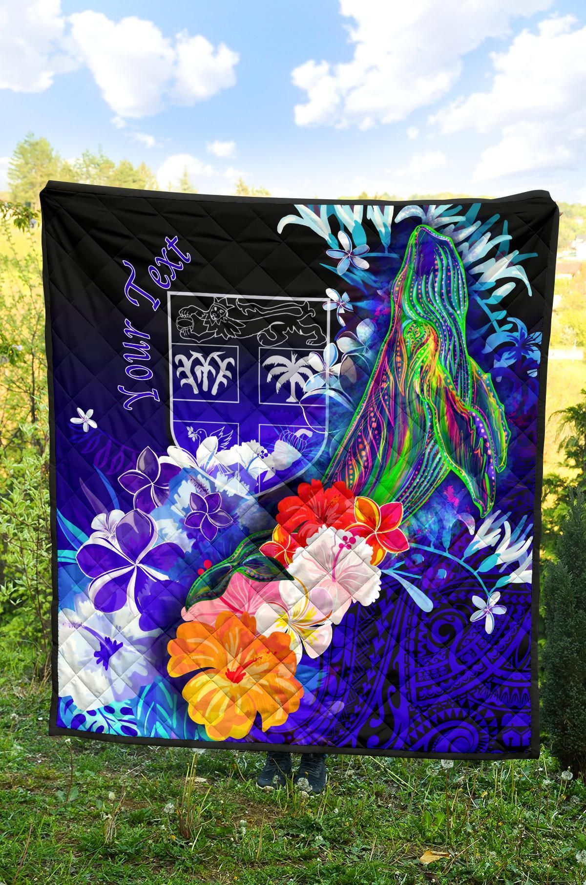 Fiji Custom Personalised Premium Quilt - Humpback Whale with Tropical Flowers (Blue)