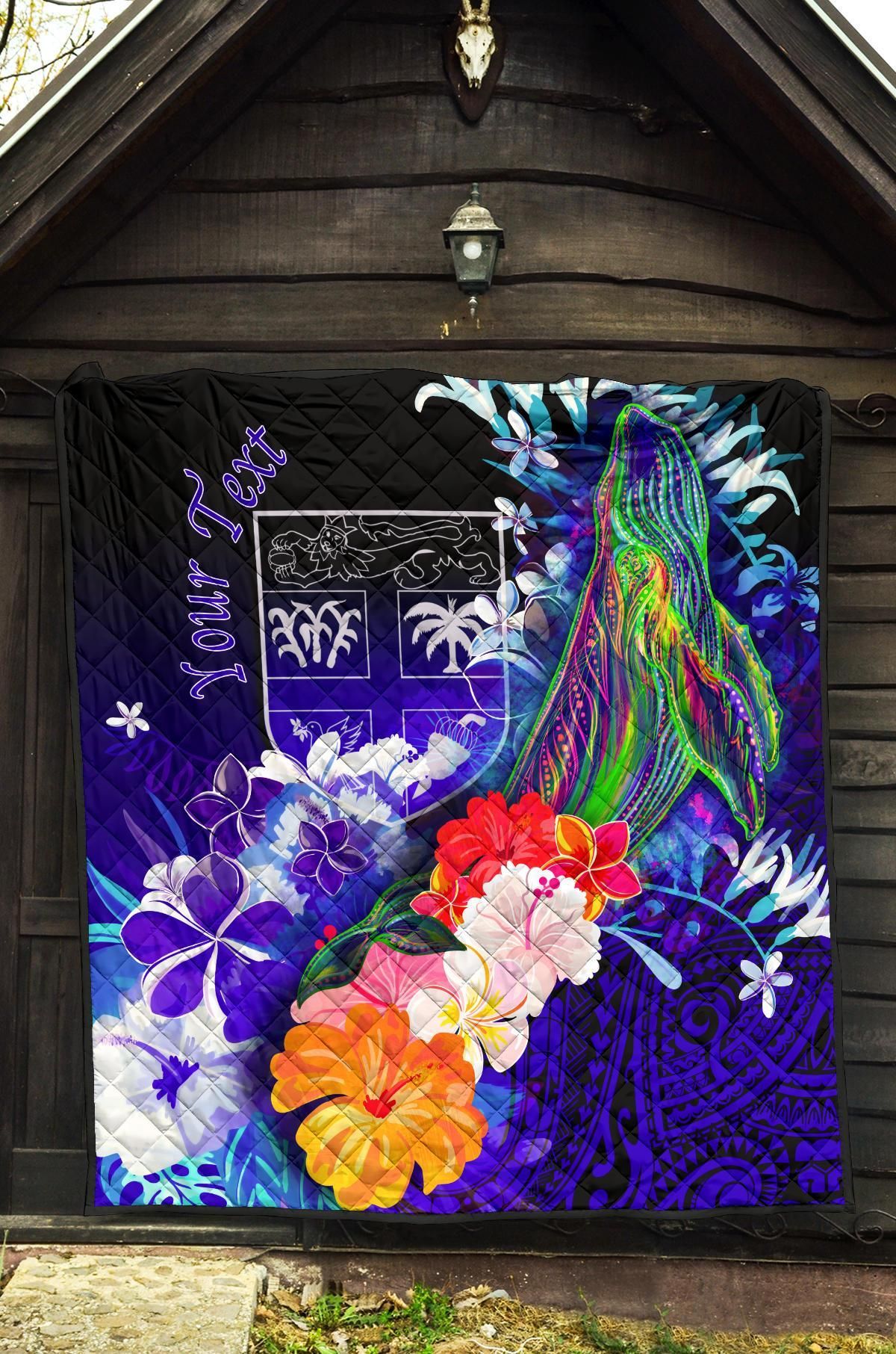 Fiji Custom Personalised Premium Quilt - Humpback Whale with Tropical Flowers (Blue)