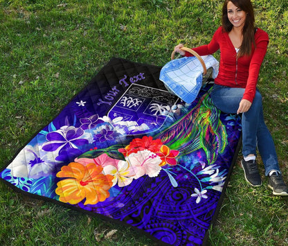 Fiji Custom Personalised Premium Quilt - Humpback Whale with Tropical Flowers (Blue)