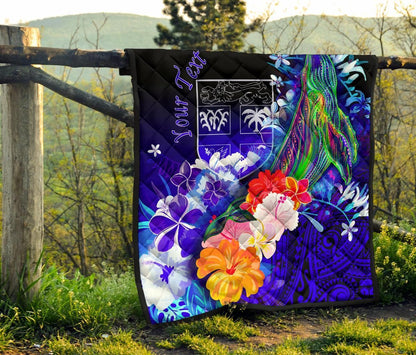 Fiji Custom Personalised Premium Quilt - Humpback Whale with Tropical Flowers (Blue)