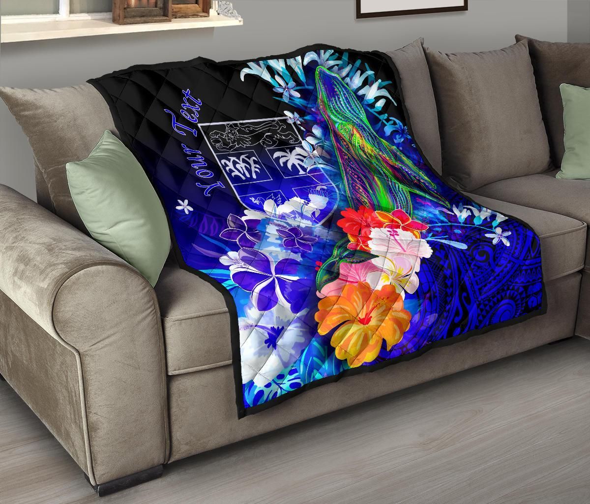 Fiji Custom Personalised Premium Quilt - Humpback Whale with Tropical Flowers (Blue)