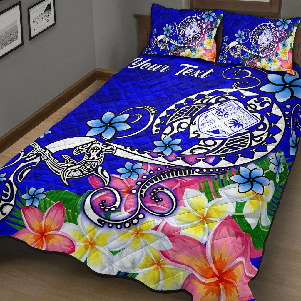 Fiji Custom Personalised Quilt Bed Set - Turtle Plumeria (Blue)