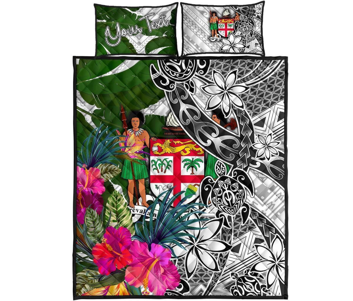 Fiji Custom Personalised Quilt Bed Set White - Turtle Plumeria Banana Leaf Crest