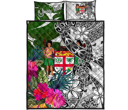 Fiji Custom Personalised Quilt Bed Set White - Turtle Plumeria Banana Leaf Crest