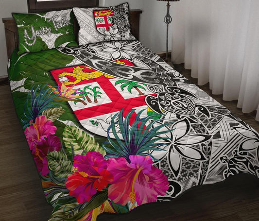 Fiji Custom Personalised Quilt Bed Set White - Turtle Plumeria Banana Leaf