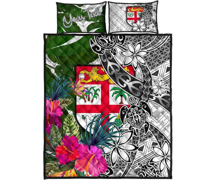 Fiji Custom Personalised Quilt Bed Set White - Turtle Plumeria Banana Leaf