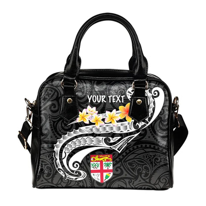 Fiji Custom Personalised Shoulder Handbag - Fiji Seal Polynesian Patterns Plumeria (Black)