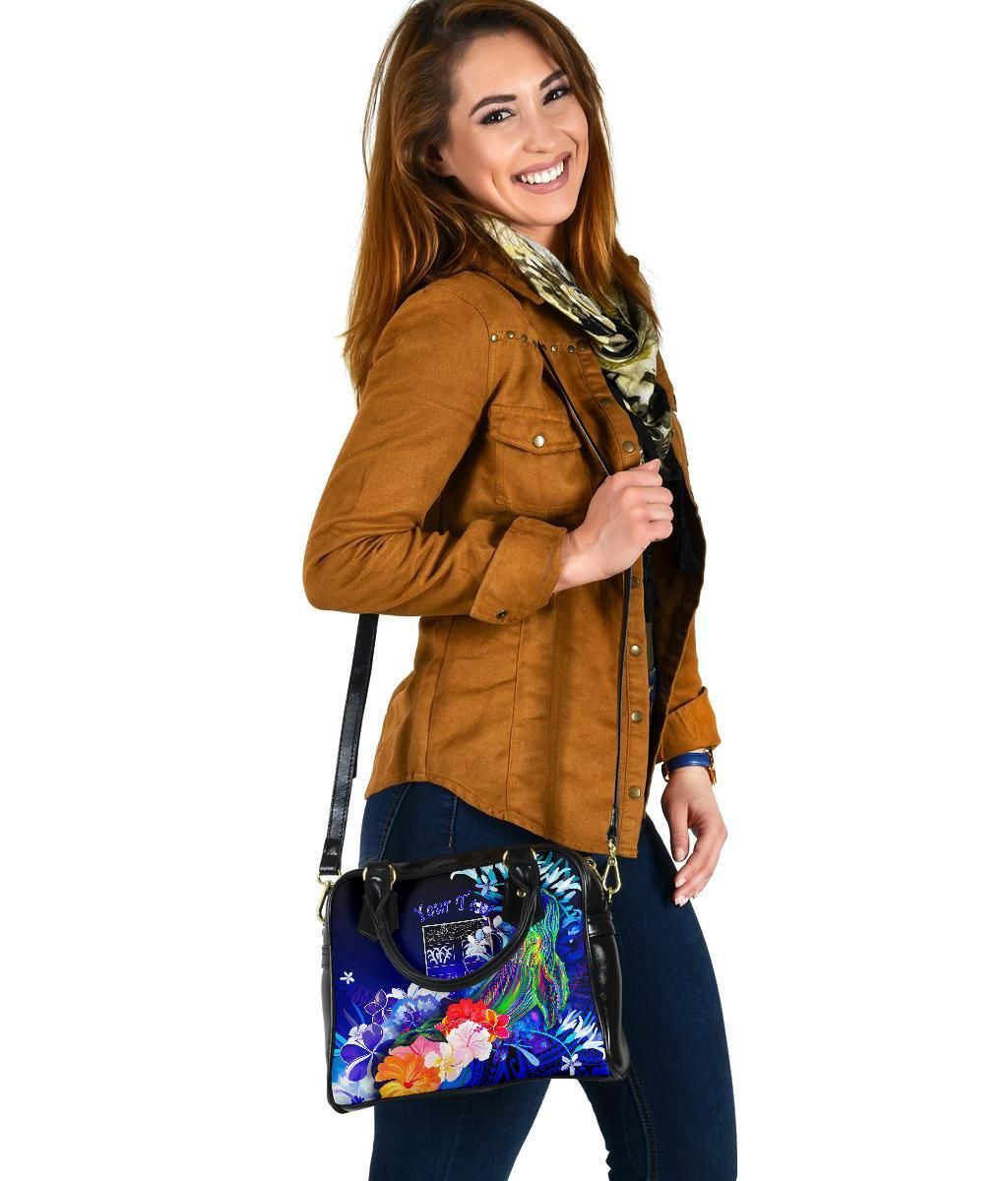 Fiji Custom Personalised Shoulder Handbag - Humpback Whale With Tropical Flowers (Blue)