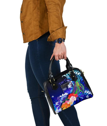 Fiji Custom Personalised Shoulder Handbag - Humpback Whale With Tropical Flowers (Blue)
