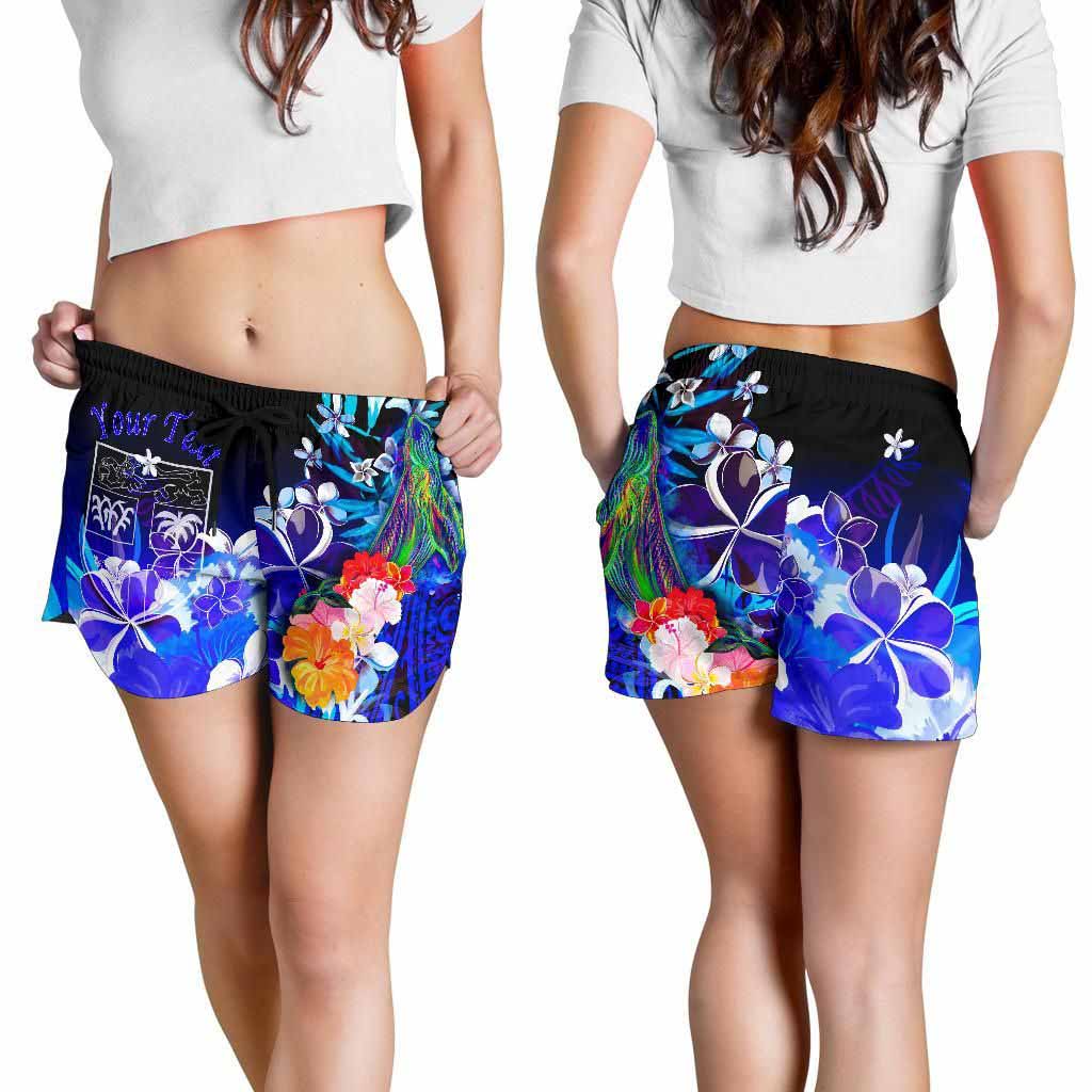 Fiji Custom Personalised Women Shorts - Humpback Whale with Tropical Flowers (Blue)