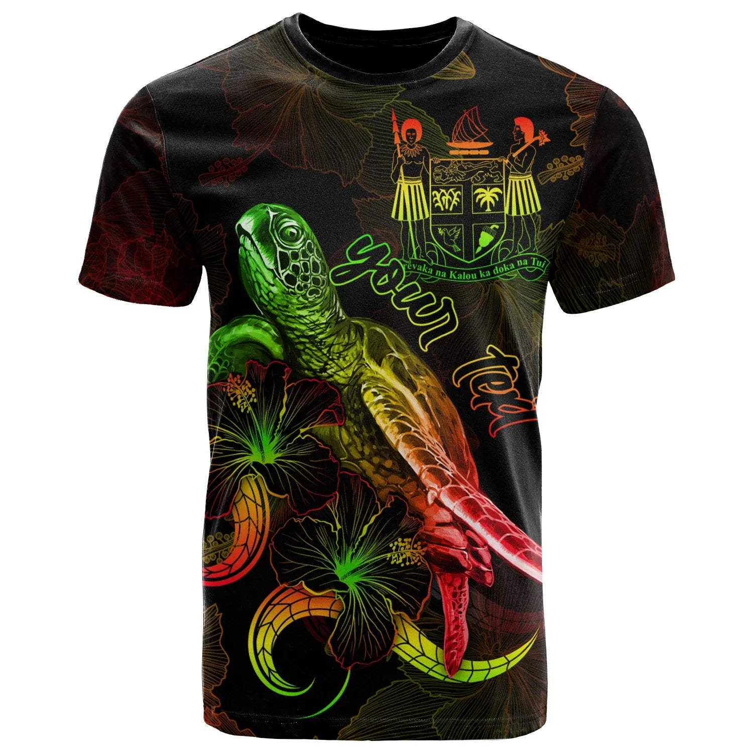 Fiji Custom Personalized Polynesian T-Shirt - Turtle With Blooming Hibiscus Reggae