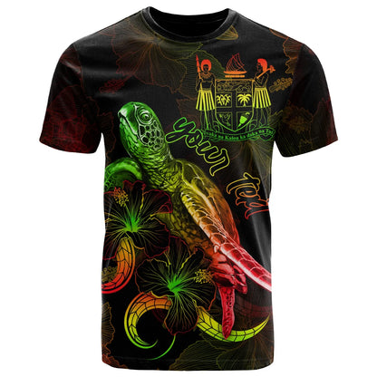 Fiji Custom Personalized Polynesian T-Shirt - Turtle With Blooming Hibiscus Reggae
