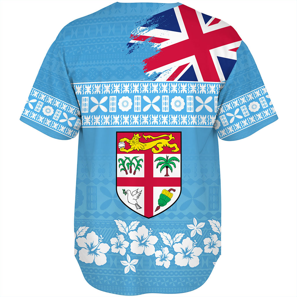 Fiji Baseball Shirt Bula Pattern Flag With Hibiscus Flower
