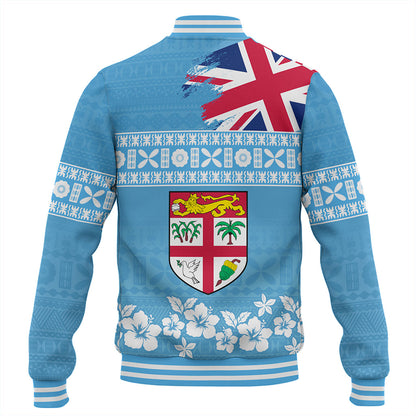 Fiji Baseball Jacket Bula Pattern Flag With Hibiscus Flower