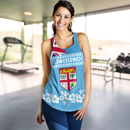 Fiji Women Tank Bula Pattern Flag With Hibiscus Flower