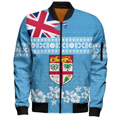 Fiji Bomber Jacket Bula Pattern Flag With Hibiscus Flower