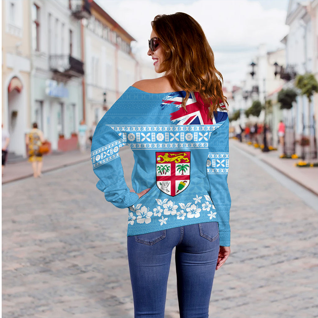 Fiji Off Shoulder Sweatshirt Bula Pattern Flag With Hibiscus Flower