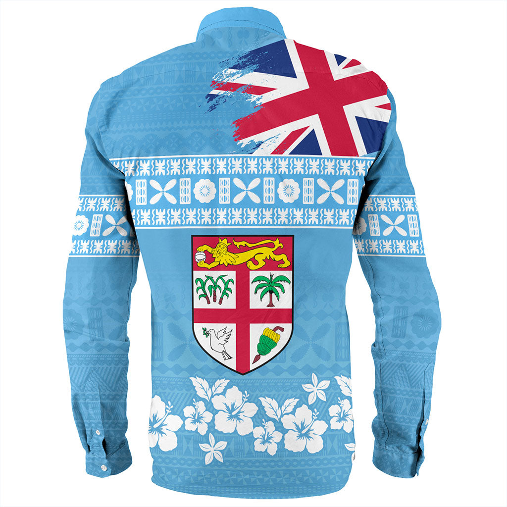 Fiji Long Sleeve Shirt Bula Pattern Flag With Hibiscus Flower