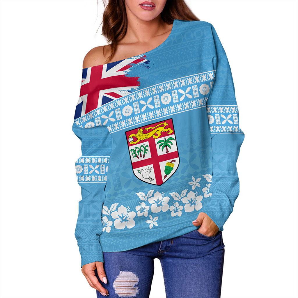 Fiji Off Shoulder Sweatshirt Bula Pattern Flag With Hibiscus Flower