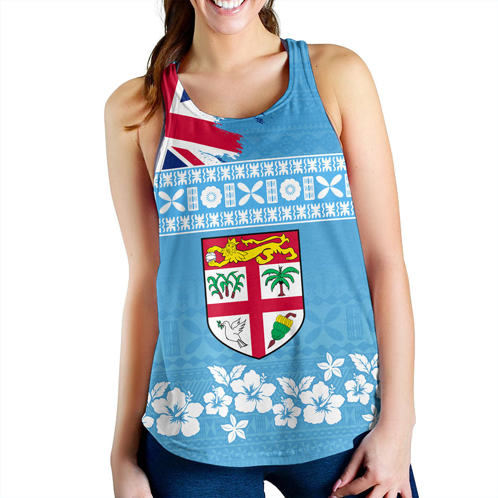 Fiji Women Tank Bula Pattern Flag With Hibiscus Flower
