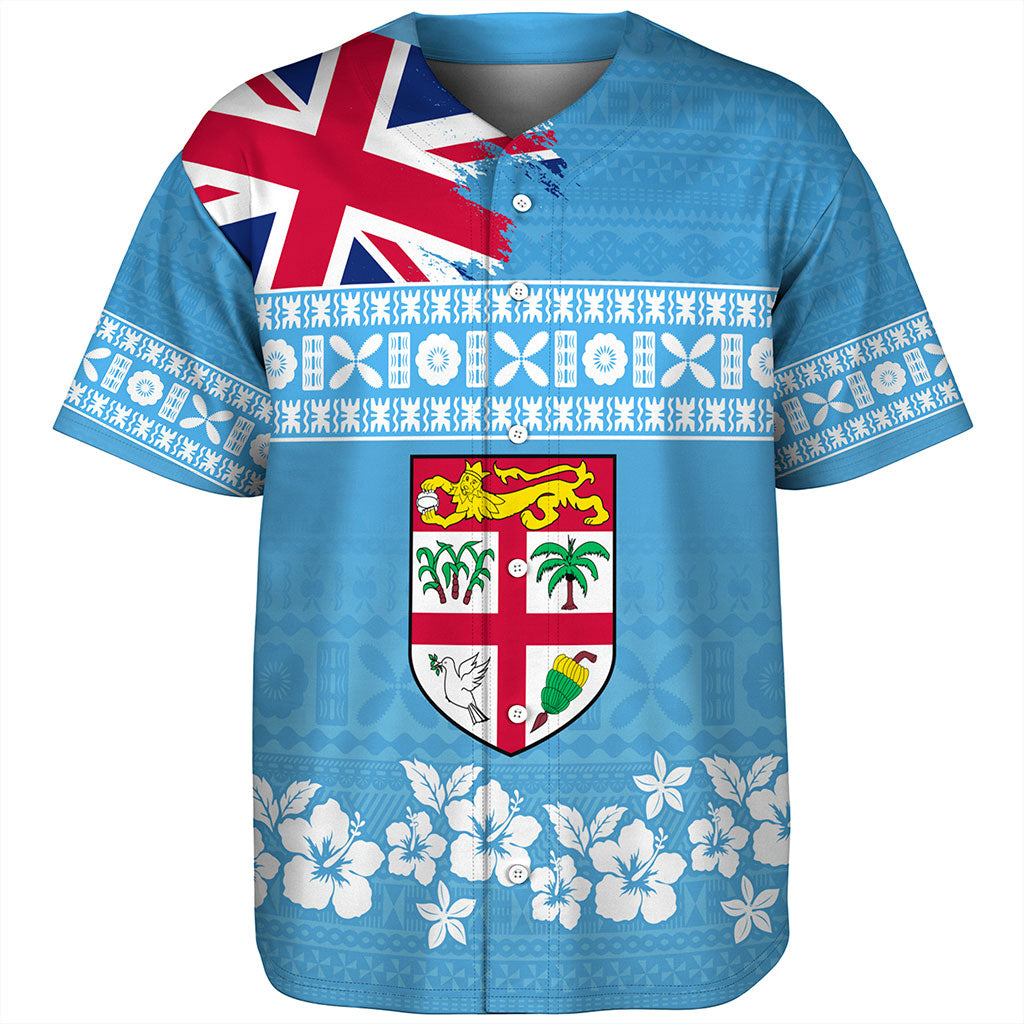 Fiji Baseball Shirt Bula Pattern Flag With Hibiscus Flower
