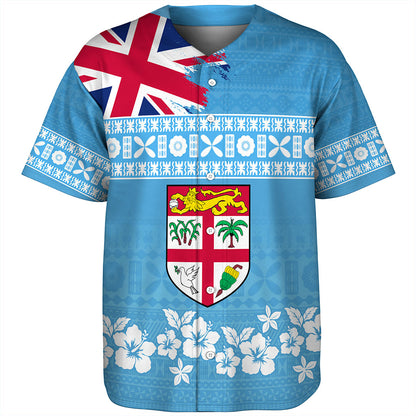 Fiji Baseball Shirt Bula Pattern Flag With Hibiscus Flower
